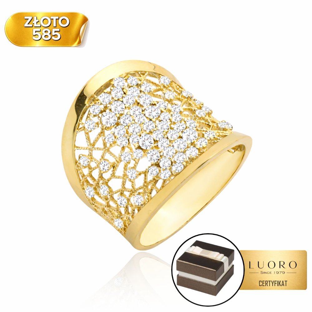 PIERŚCIONEK ZŁOTY 585 14K AŻUROWY Z BIAŁYMI CYRKONIAMI ELEGANCKI R16