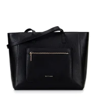 Torebki damskie - Skórzana torba shopper z kieszeniami na froncie czarna ze złotym logo - miniaturka - grafika 1