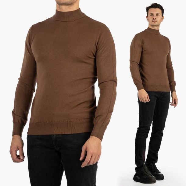 Sweter Męski Półgolf Elegancki Klasyczny Dopasowany Cienki Modny Brązowy XL
