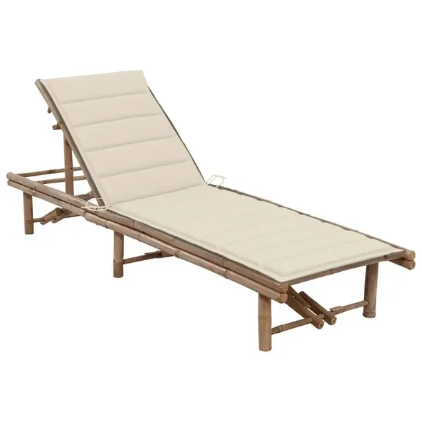 Bambusowy leżak ogrodowy z kremową poduszką 200 x 65 x (30-87) cm