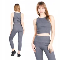 Legginsy - Komplet damski bawełna prążek grafitowy szary top + legginsy długie M - miniaturka - grafika 1