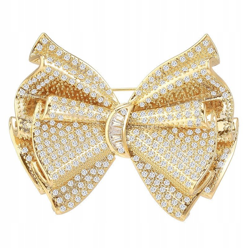 PINETS Fenomenalna Broszka KOKARDA elegancka pozłacana 14K z cyrkoniami