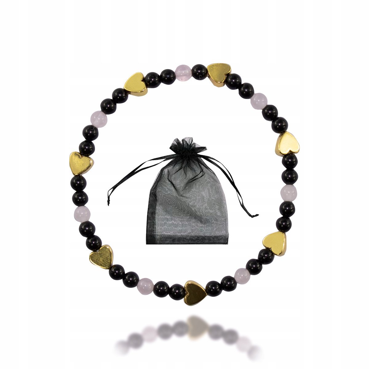 Bransoletka Ochronna Turmalin Kwarc Różowy Hematytowe Serce na gumce 17cm