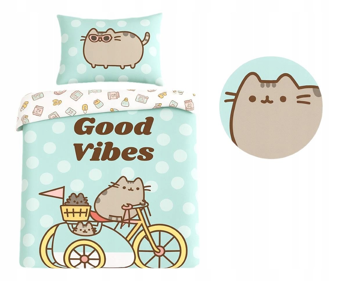 Kot Pusheen pościel bawełniana 160x200 miętowa dwustronna kotek na rowerze