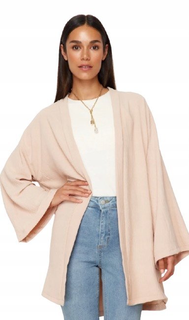 TRENDYOL BEŻOWE LUŹNE KIMONO DAMSKIE Z SZEROKIM RĘKAWEM 38 5AA