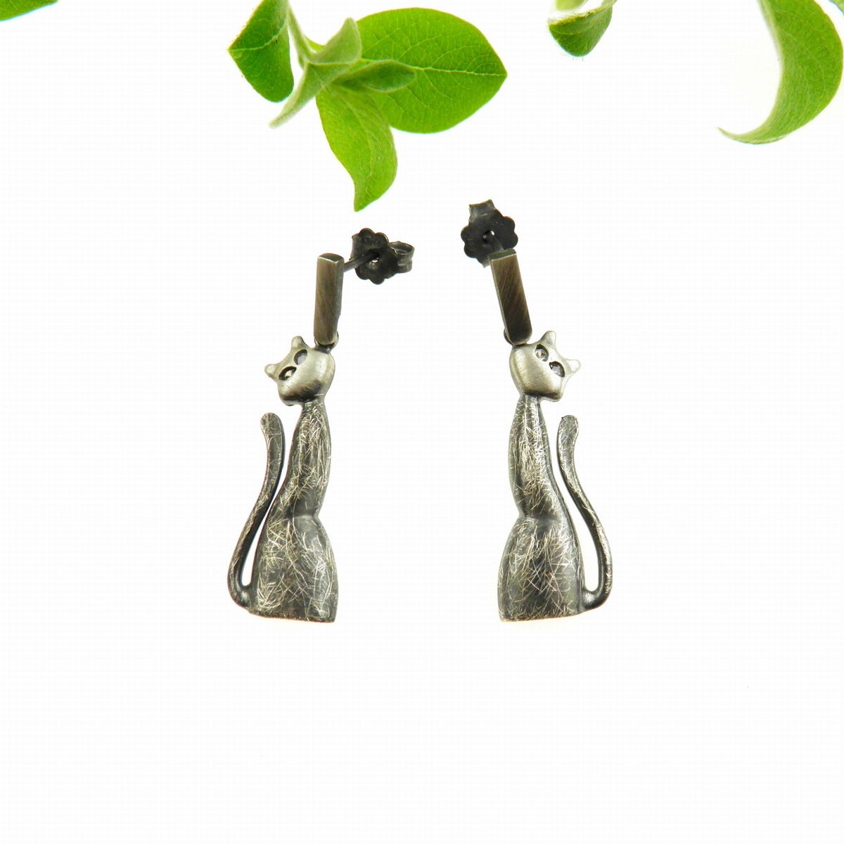 Kolczyki srebrne - Czarne koty mini na sztyftach