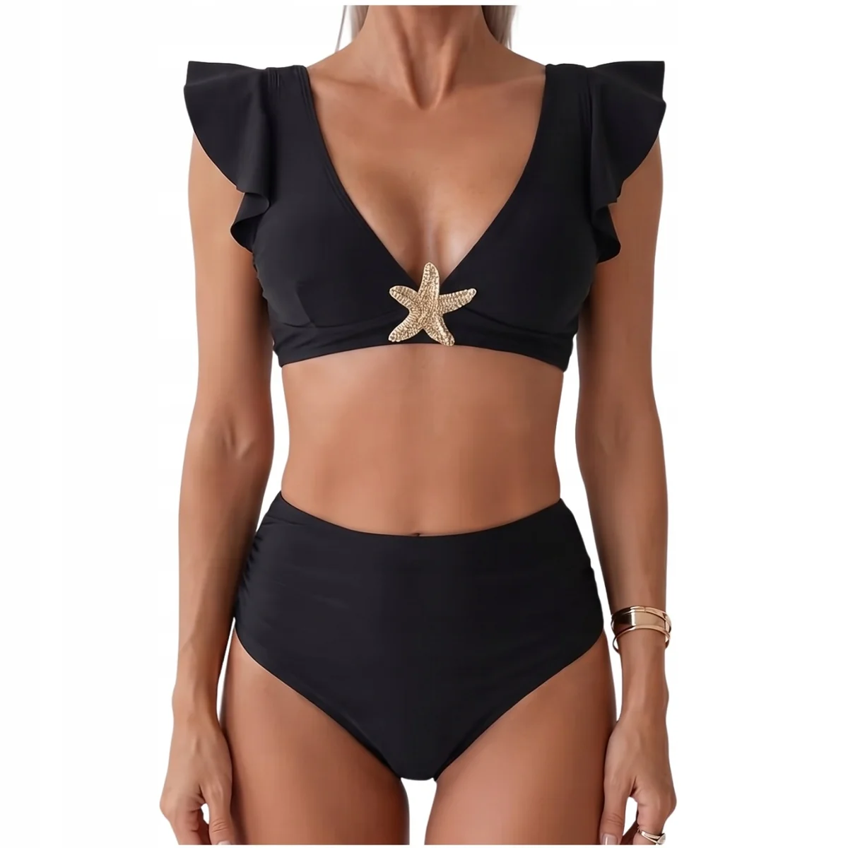 STRÓJ KĄPIELOWY DWUCZĘŚCIOWY KOSTIUM DAMSKI CZARNY BIKINI WYSOKI STAN XL 42 Z FALBANKĄ ROZGWIAZDĄ