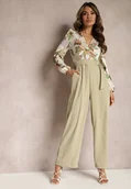 Kombinezony - Jasnozielony Kwiatowy Kombinezon z Kopertowym Dekoltem z Paskiem i Szerokimi Nogawkami Vinia - miniaturka - grafika 1