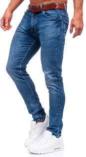 Spodnie męskie - Granatowe spodnie jeansowe męskie skinny fit z paskiem Denley R51124W1 - grafika 1