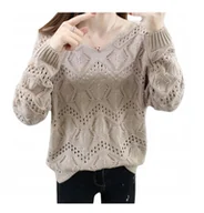 Swetry damskie - Sweter Damski Ażurowy Beżowy - miniaturka - grafika 1