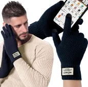 Rękawiczki - Rękawiczki Męskie Zimowe Dotykowe Do Smartfonu Ciepłe Granatowe Rękawice - miniaturka - grafika 1