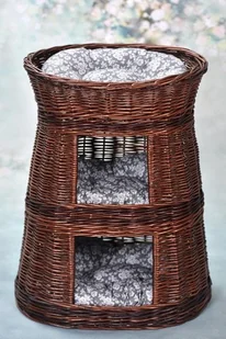 WickerPL KITTY BUDA DLA KOTA LEŻAK DLA ZWIERZĄT DOMEK DLA KOTA Z WIKLINY DWUPIĘTROWY Z TARASEM I PODUSZKAMI 50 H67 CM - Legowiska dla kotów - miniaturka - grafika 1