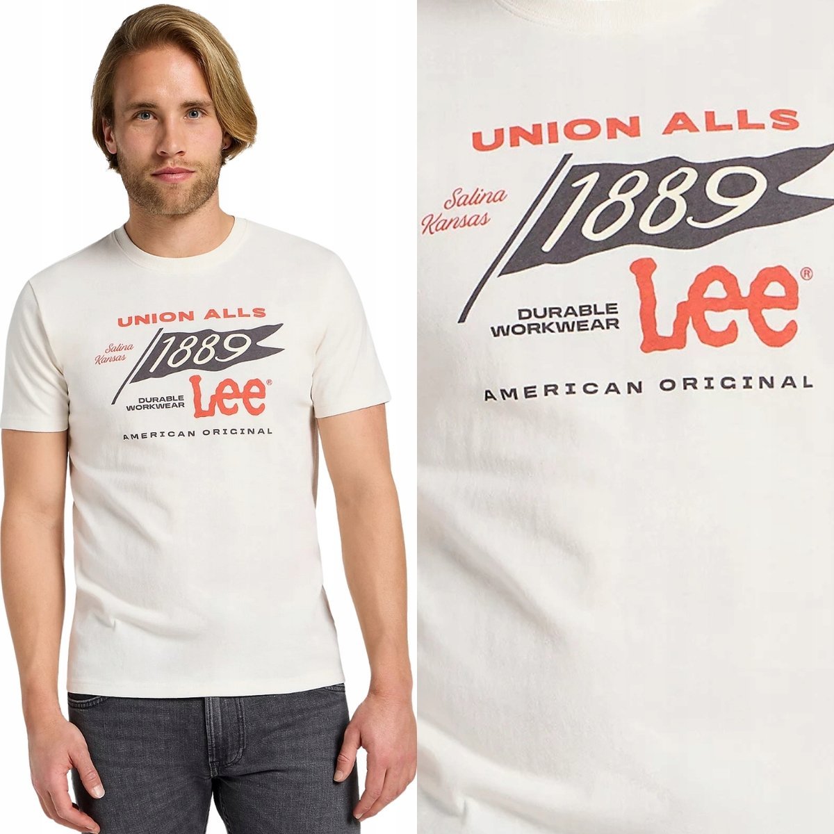 Lee FRONTIER TEE Ecru BIAŁY BAWEŁNIANY T-SHIRT KOSZULKA Z NADRUKIEM LOGO L