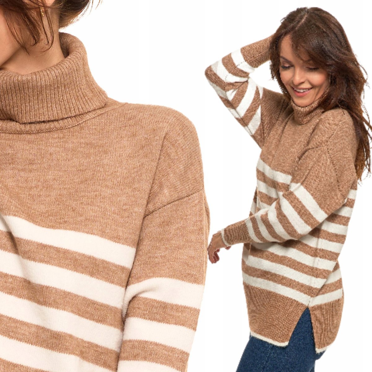 SWETER DAMSKI KLASYCZNY Z DŁUGIM RĘKAWEM W PASKI Z GOLFEM KOBIECY MORAJ XL BEIGE