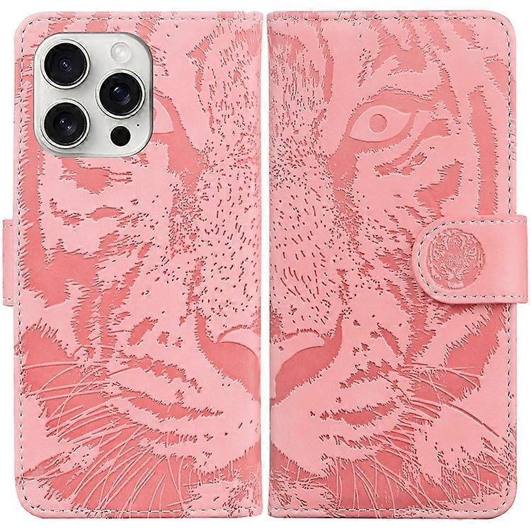 Kompatybilny z etui iPhone 16 Pro Max Tiger Imprint Skórzany, odporny na wstrząsy portfel na telefon Różowy