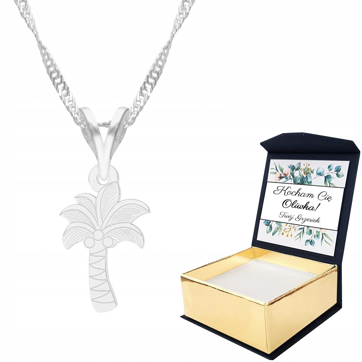 Naszyjnik srebrny 925 Palma Drzewo + WŁASNY NADRUK