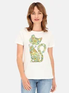 Bluzki damskie - BAWEŁNIANA BLUZKA DAMSKA Z KOLOROWYM NADRUKIEM KOTA - miniaturka - grafika 1