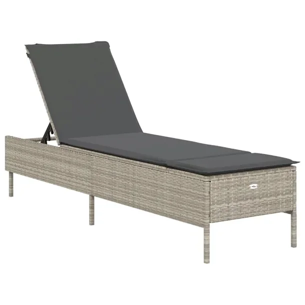 Leżak ogrodowy rattan PE jasnoszary 198x55x97 cm + poduszka