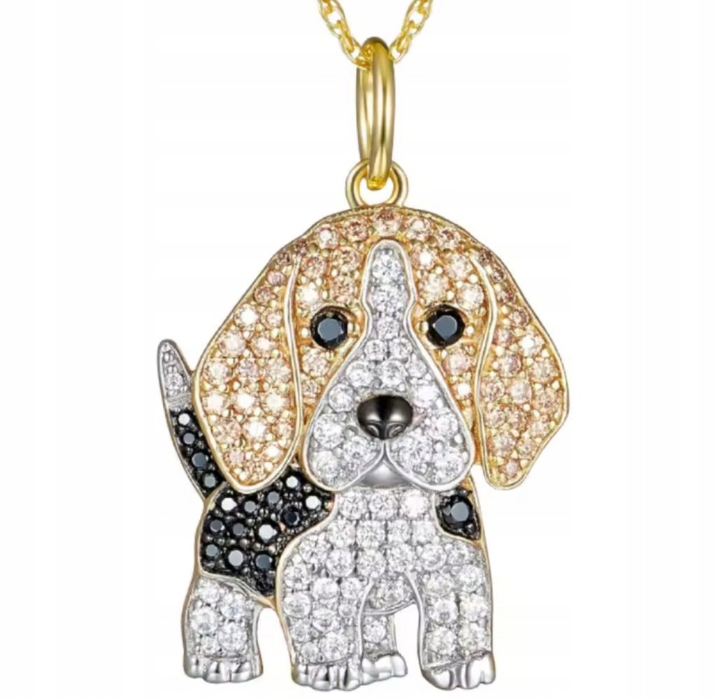Naszyjnik Wisiorek Beagle z Diamencikami Kryształkami Pies Myśliwski Złoty