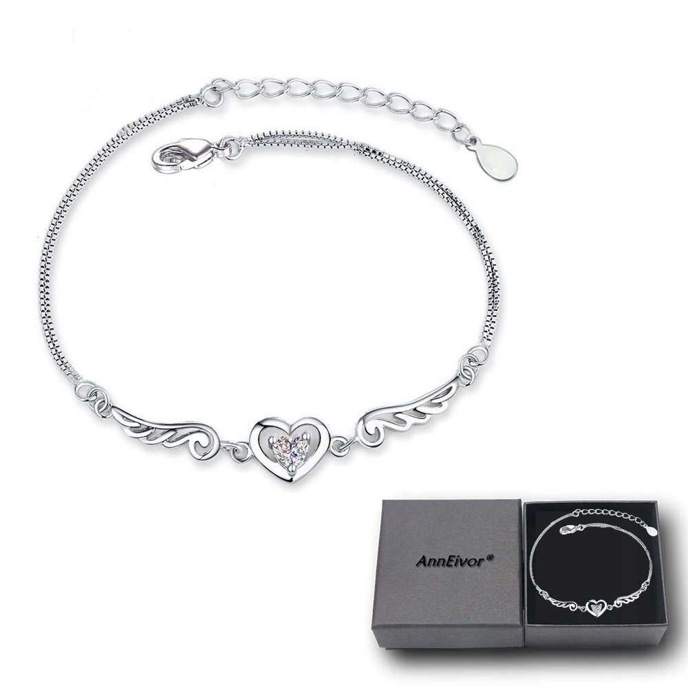 Bransoletka Damska Srebrna Łańcuszki Serduszka Skrzydła Anioła Kryształki