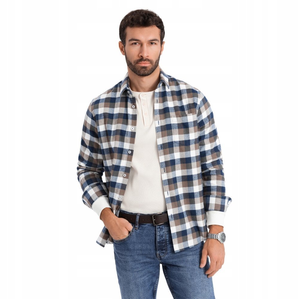 Flanelowa męska koszula bawełna krata brązowo-granatowa V1 OM-SHCS-0157 S