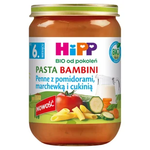 HiPP Pasta Bambini Bio, penne z pomidorami, marchewką i cukinią, po 6 miesiącu, 190 g - Dania dla dzieci - miniaturka - grafika 1