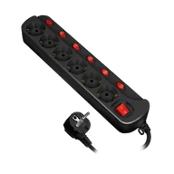 Listwy zasilające - Listwa zasilająca &quot;Multiswitch&quot;, 6 gniazd 2P+Z (Schuko), kabel 3x1,0mm?, długość 1,5m. Wyłącznik termiczny. 10A/230 VAC, czarny - miniaturka - grafika 1