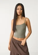 Bluzki damskie - Stradivarius Bluzka na ramiączkach z poliamidu Khaki S - miniaturka - grafika 1