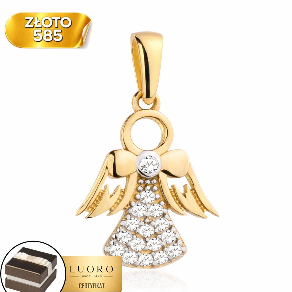 ZAWIESZKA ZŁOTA 585 14K ANIOŁEK Z CYRKONIAMI 18 MM ELEGANCKA DELIKATNA