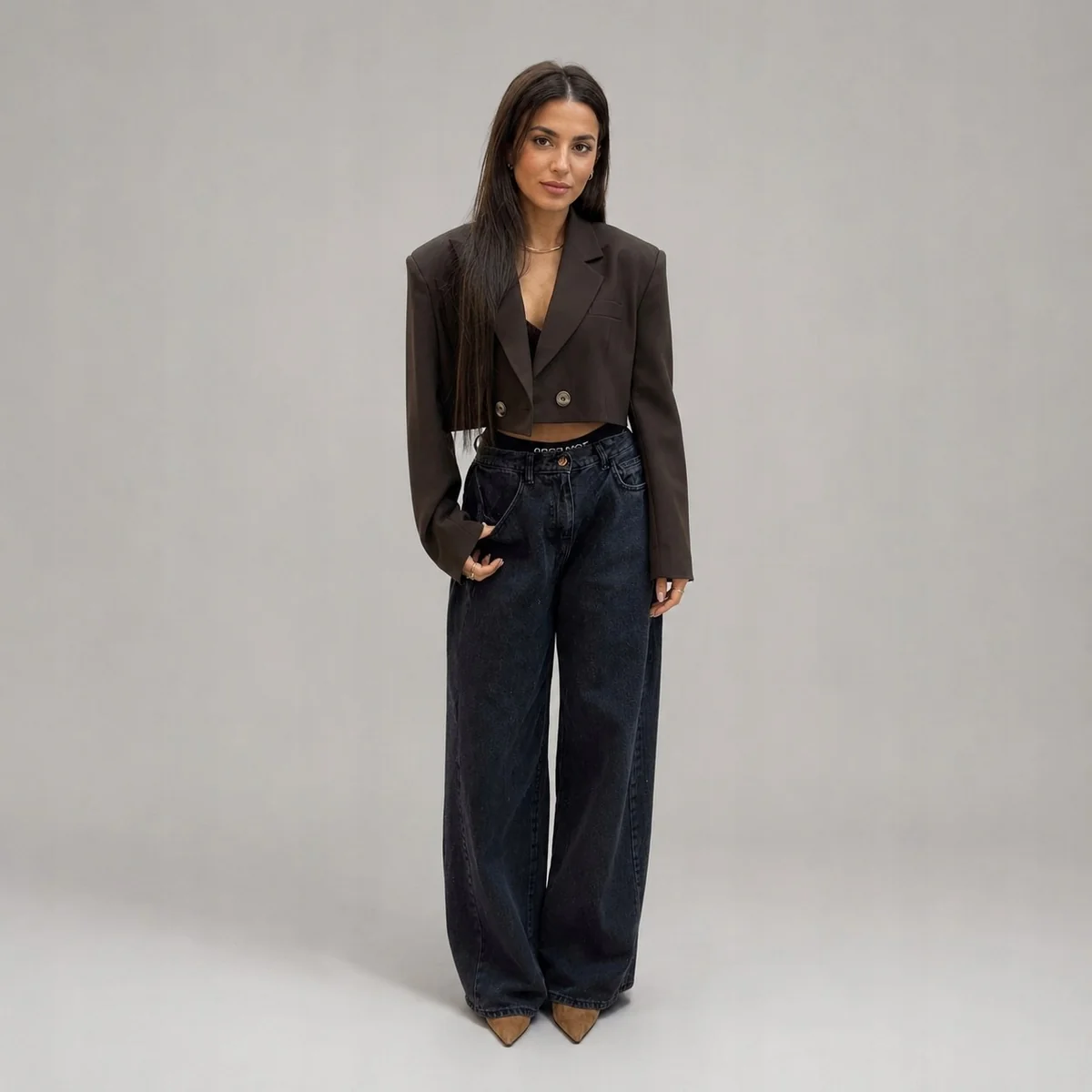 [r. M/L] Marynarka damska Belluci krótka crop oversize brązowa