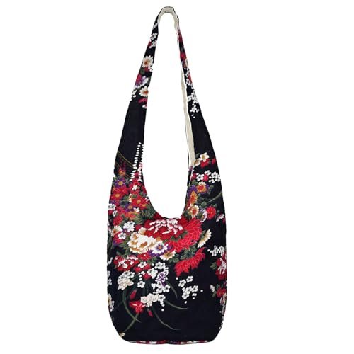 WITERY Damska torba crossbody na ramię duża torba na zakupy hobo torebka top torby na zamek błyskawiczny ręcznie robiona torba listonoszka portfel, Czarny kwiat, 36×34×19cm with 52cm drop strap