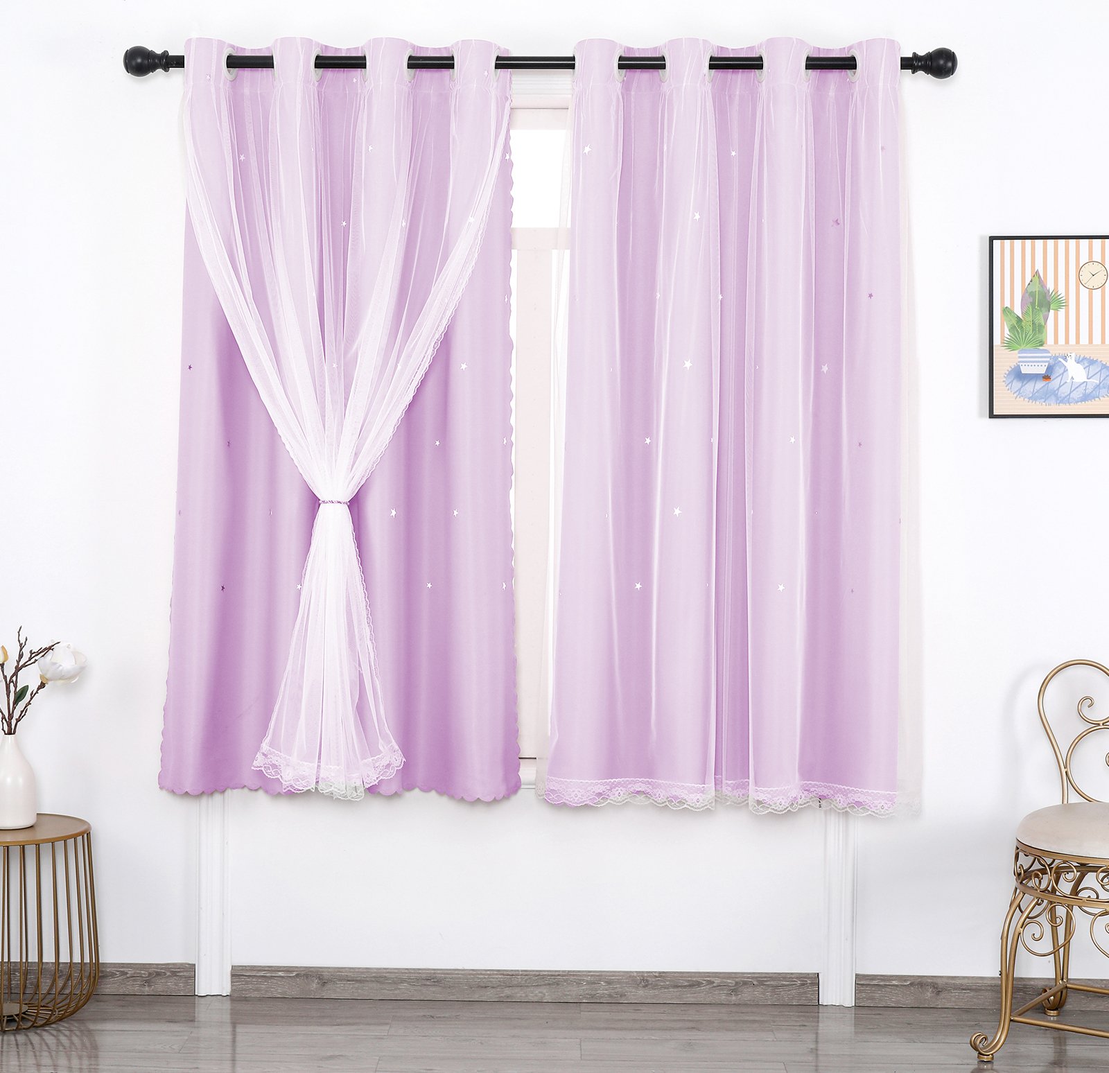 Zasłona wydrążona gwiazda dwuwarstwowa woalowa nieprzezroczysta zasłona oczkowa do sypialni pokoju dziecięcego, fioletowa, 130x215cm