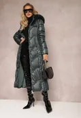 Kurtki damskie - Ciemnozielona Kurtka Płaszcz z Ozdobnym Pikowaniem z Kapturem z Futerkiem i Marszczeniami Larian - miniaturka - grafika 1