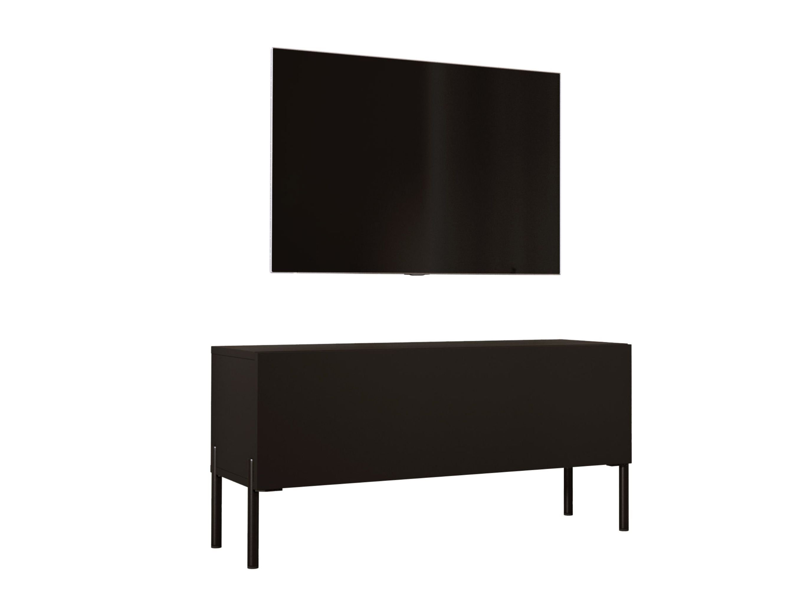 Szafka pod telewizor w kolorze czarnym matowym / czarnym błyszczącym z nogami w kolorze czarnym, A: szer: 100 cm cm, wys: 52 cm, gł: 32 cm. Meble pod telewizor, stolik pod telewizor, ława pod telewizor