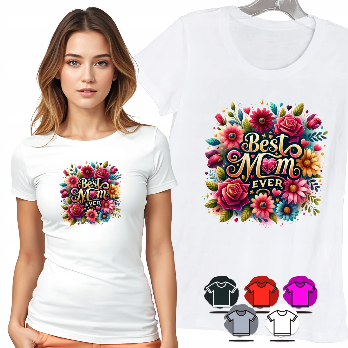 KOSZULKA DAMSKA T-SHIRT - BEST MOM EVER CZERWONE RÓŻE KWIATY WZÓR MODA - L