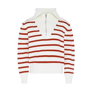 Dreimaster maritim Damski sweter z dzianiny w paski z zamkiem błyskawicznym i granatowym dekoltem, wełniano-biały, czerwony, rozmiar M/L, Wełna biała, czerwona, M - Swetry damskie - miniaturka - grafika 1