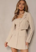 Komplety damskie - Beżowy Komplet Sukienka z Gumką i Krótka Marynarka Sepenillea - miniaturka - grafika 1