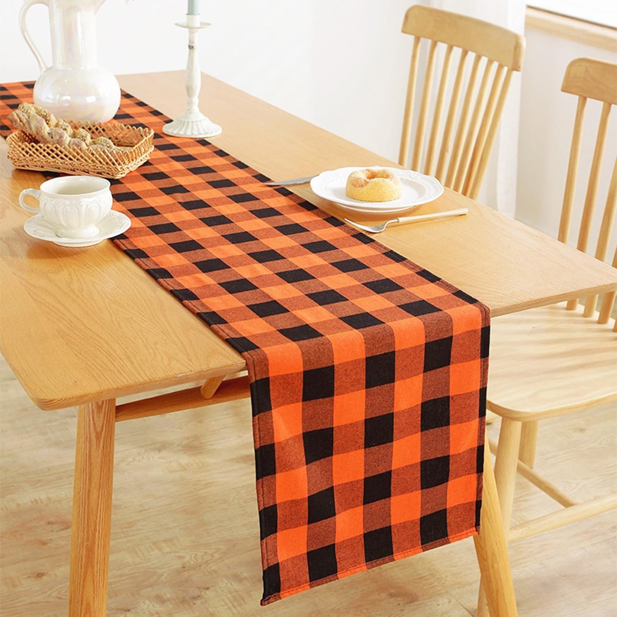 Pomarańczowo-czarny bieżnik na stół z kratką, dekoracja stołu na Halloween do domu, jadalni, na imprezę Halloween, 180x30 cm