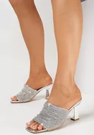 Klapki i japonki damskie - Srebrne Klapki na Geometrycznym Słupku i Paskiem w Cyrkonie Jolita - miniaturka - grafika 1