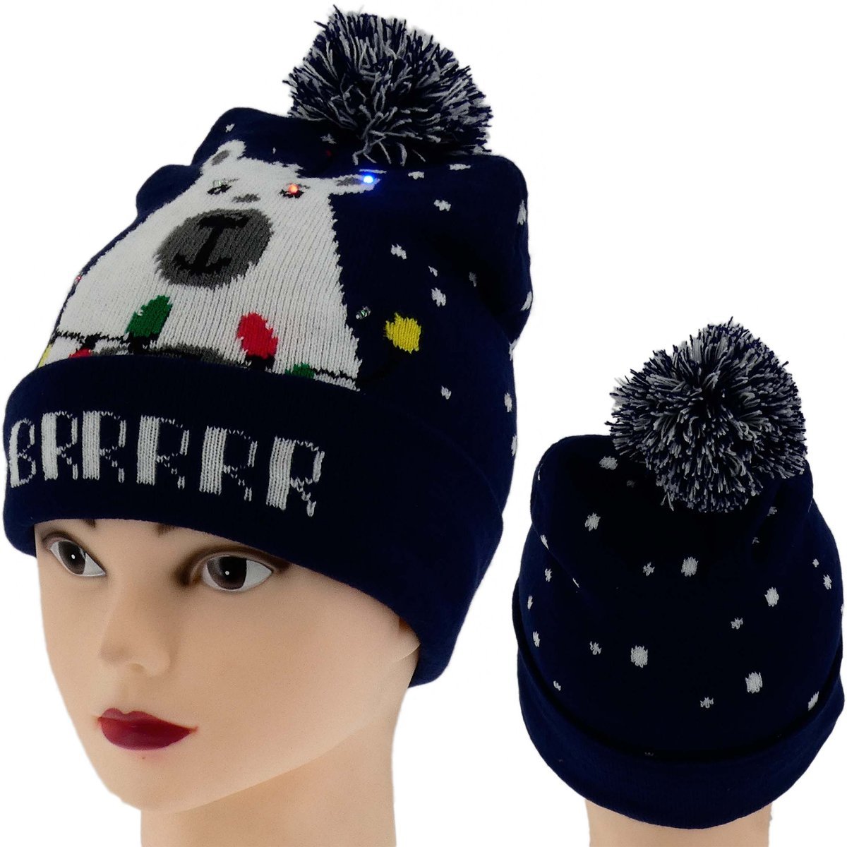 ZIMOWA CZAPKA Z POMPONEM DIODY LED ŚWIECĄCA BRRRRY CZARNA