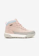 Botki damskie - Różowe Sznurowane Traperki na Grubej Tłoczonej Podeszwie z Przeszyciami Ellithia - miniaturka - grafika 1