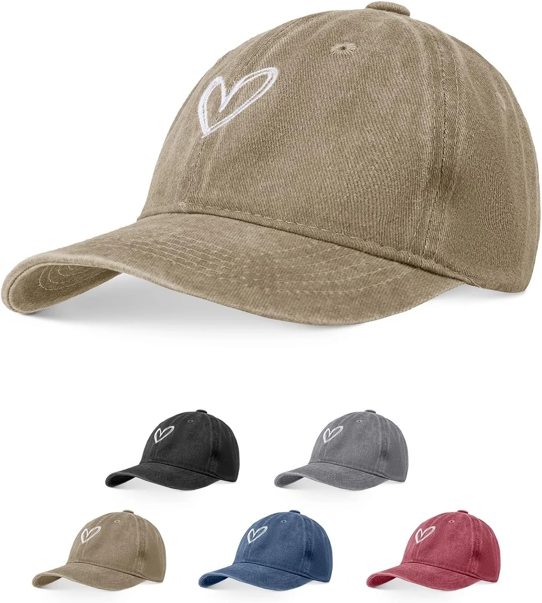 CZAPKA BASEBALLOWA DAMSKA Z BAWEŁNY W STYLU VINTAGE Z HAFTEM SERCE KHAKI