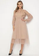 Sukienki - Ciemnobeżowa Rozkloszowana Sukienka Tiulową z Koronką Llaudia - miniaturka - grafika 1