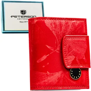 Portfel damski czerwony PETERSON rfid stop mały elegancki na zatrzask i bigiel karty monety skóra naturalna i ekologiczna pionowy wzór roślinny pude.. - Portfele - miniaturka - grafika 1