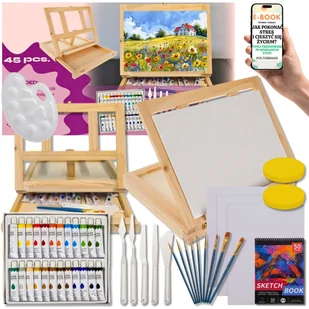 ZESTAW MALARSKI DLA DZIECI I DOROSŁYCH – Walizka 3w1 + Sztaluga Farby Pędzle Podobrazia Szkicownik Paletka – Kreatywny Zestaw PREZENT DLA DZIECKA + .. - Szkolne artykuły papiernicze - miniaturka - grafika 1