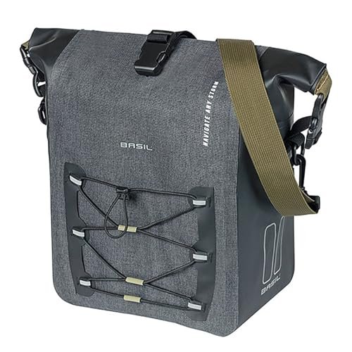 Basil Pojedyncza torba rowerowa M MIK Hooks – 12–15 l – brezent/poliester – wodoszczelna IPX3 – zamknięcie na rolce – kieszeń przednia kompresyjna – odblaskowa – odpinany pasek na ramię – czarna