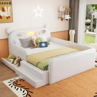Łóżka dla dzieci i młodzieży - Tapicerowane łóżko dziecięce 140 x 200 cm z zagłówkiem i schowkiem - sztuczna skóra i MDF - porty USB - białe (bez materaca) - miniaturka - grafika 1