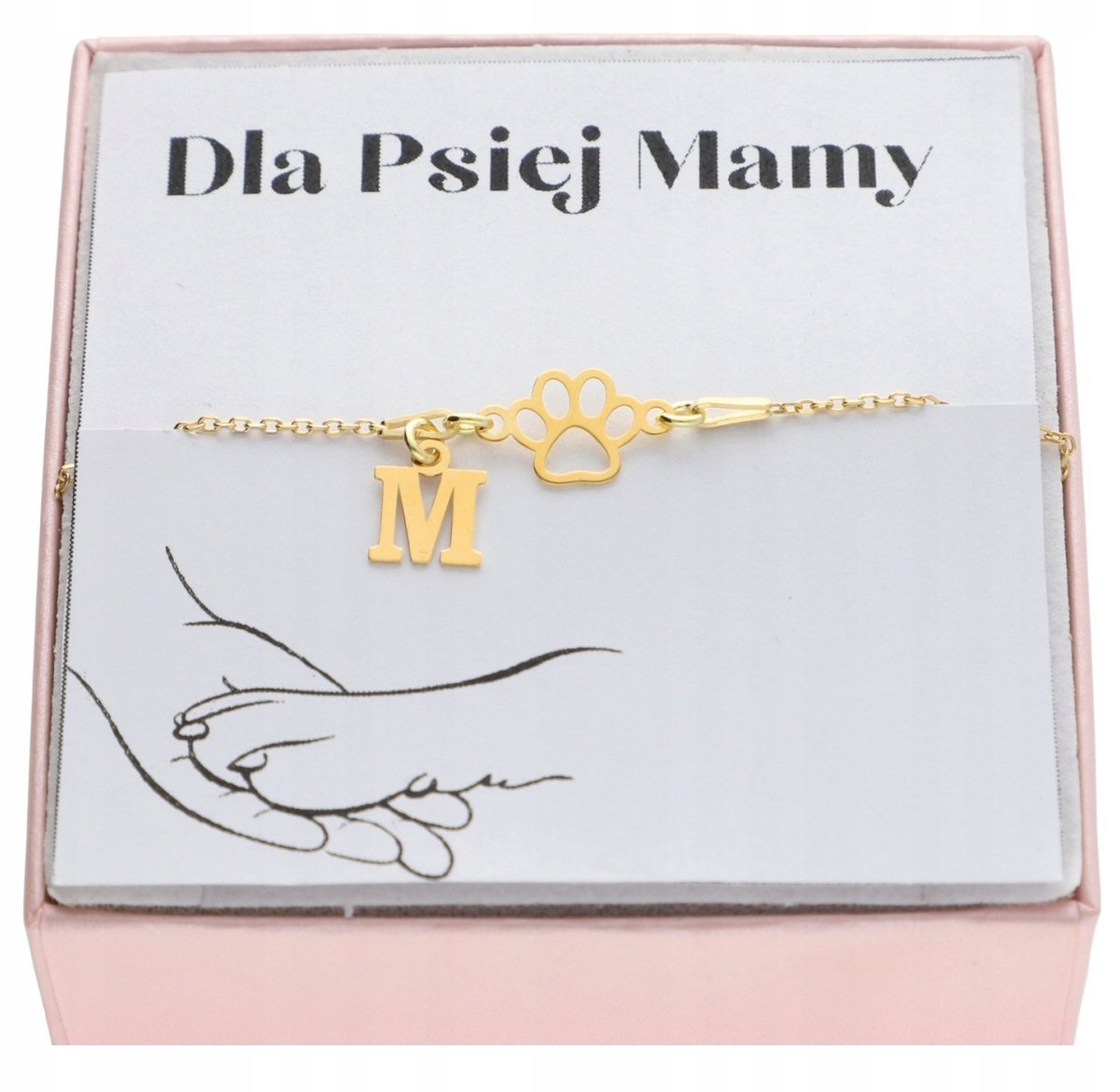 Złota bransoletka z łapka psa łapa DOWOLNA LITERKA PUDEŁKO srebro 925