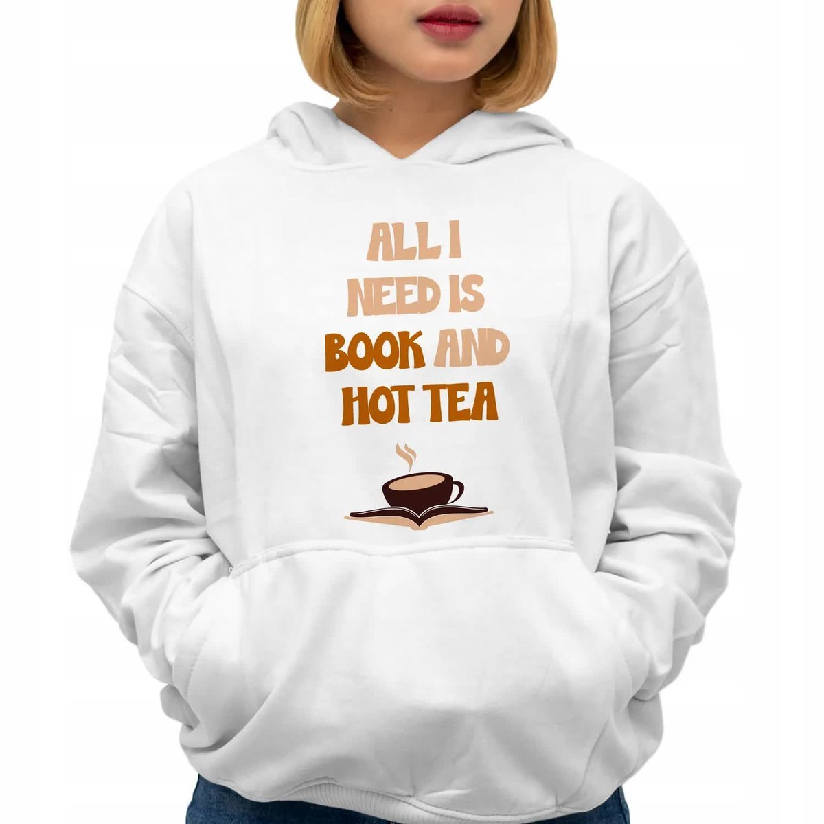 Damska Bluza Biała Z Kapturem BOOK AND HOT TEA Dla JESIENIARY Wz Rozmiar M