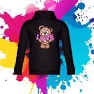 Bluzy dla dziewczynek - Bluza dziecięca typu kangurka z kapturem w kolorze czarnym z nadrukiem miś Love 6 lat - miniaturka - grafika 1